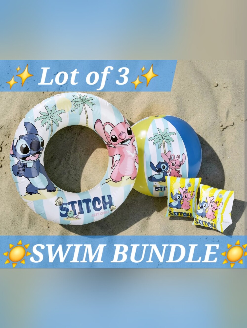 🌺 NIB Disney STITCH & ANGEL 3 PC Pool/Beach Set Floaties, Ring & Ball Bestway🏝